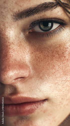 Close up macro shot of woman face details. Beautiful girl with pretty features. Young woman looking into camera.