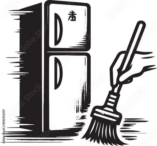 Minimalist Sumi-e Style Fridge Cleaning Icon for Home Hygiene Co