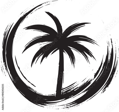 Minimalist Palm Tree Illustration with Brushstroke Circle in Bla