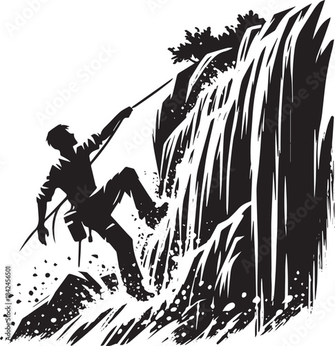 Monochrome exploration a daring figure ascends a cascading water