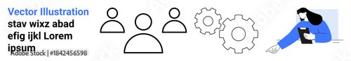 Collaboration, project management, teamwork, workforce planning, workflow optimization, corporate development. Three human icons, gear symbols and a woman holding a document. Collaboration