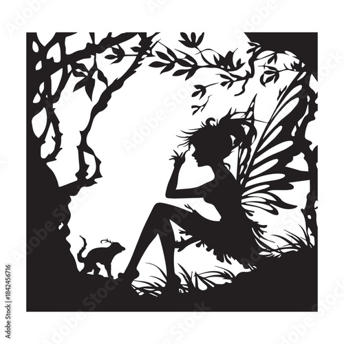 fairy girl with a bouquet of flowers silhouette