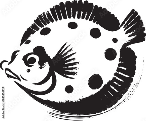Minimalist flounder illustration in sumi-e art style with flowin