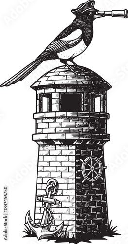 Engraved illustration of bird as pirate lookout on lighthouse, m