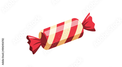 A delicious piece of hard candy in a shiny red wrapper with diagonal beige stripes isolated on a plain white background.