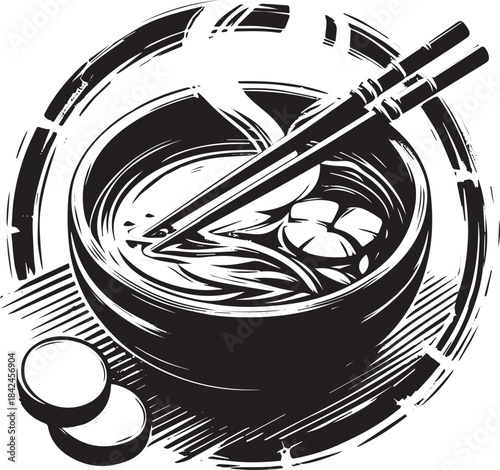 Stylized Sinigang Bowl Illustration with Chopsticks in Monochrom