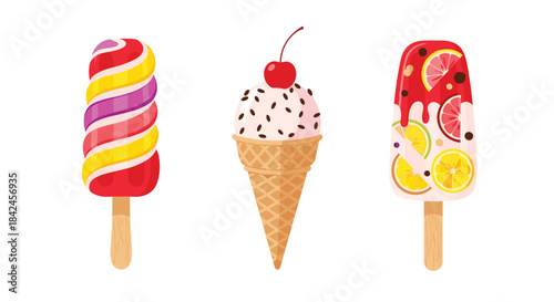 A set of three delicious and colorful summer ice cream treats including a popsicle an ice cream cone and a fruit bar.