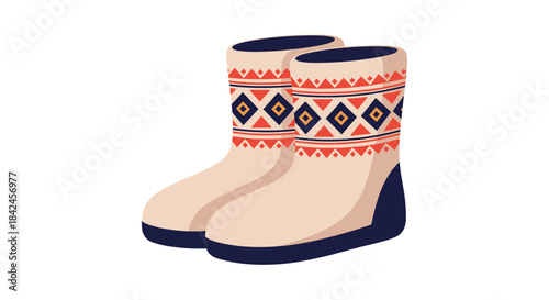 A pair of traditional beige felt boots or valenki decorated with a colorful red and blue geometric folk art pattern.