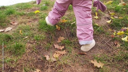 Child walks up grassy hill covered with fallen leaves in autumn setting during the day