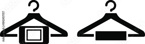 Black silhouette clothes hanger icons with different elements inside