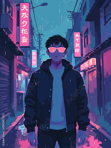 Young Japanese man with neon glasses, standing in a rainy alleyway at night, reflections of neon signs (pink and blue) on his wet skin, futuristic street fashion