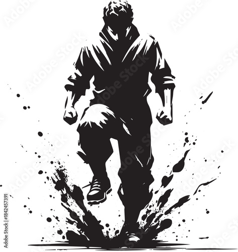 Dynamic black and white sumi-e illustration of a powerful stompi