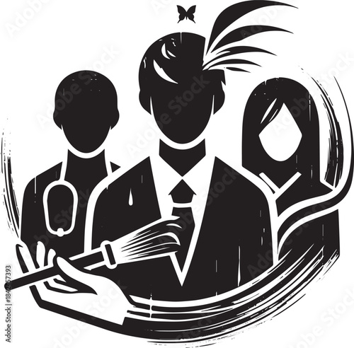 Minimalist Sumi-e style illustration of social workers symbolizi