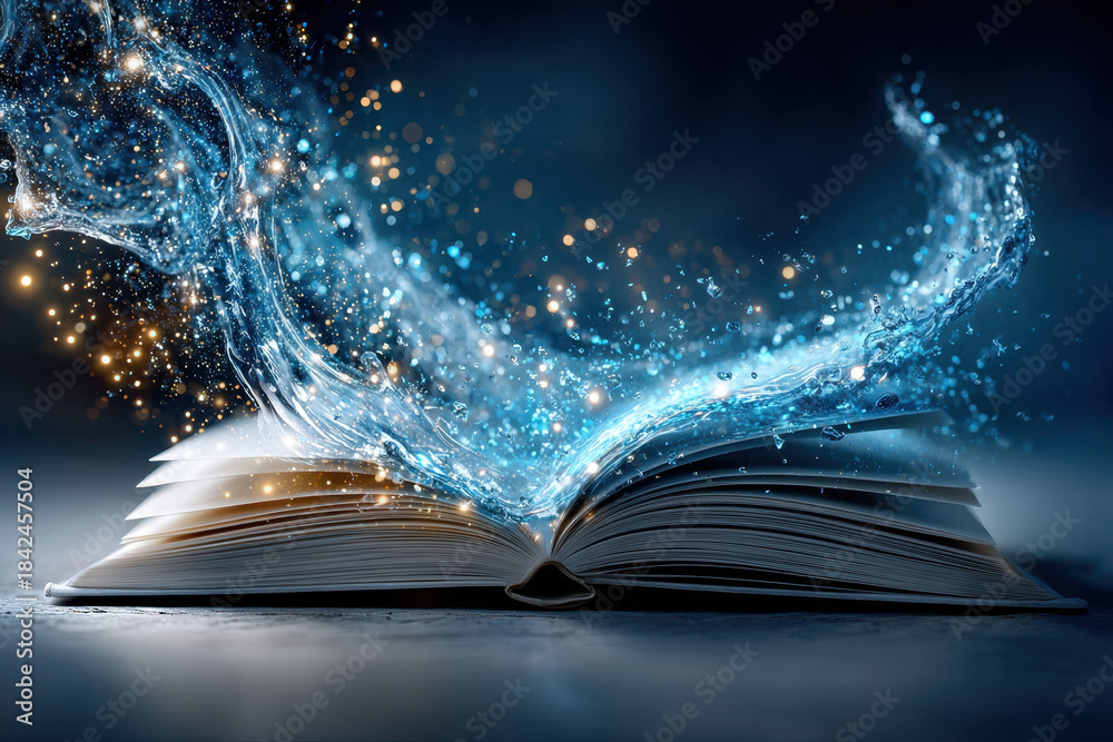 Fototapeta premium Sparkling water emerges from an open book creating a magical moment in a dark space