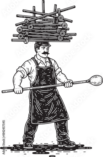 Etched glassblower carrying glass rods and holding blowpipe tool