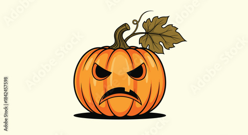A cartoon Halloween jack-o-lantern with an angry or grumpy facial expression and a single green leaf on its stem.