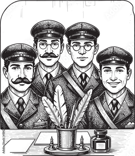 Vintage Illustration of Uniformed Men with Writing Quills and In