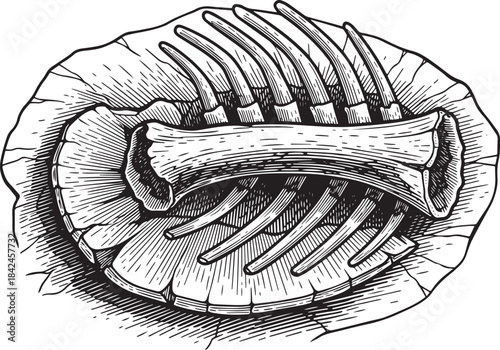 Detailed engraving illustration of an ancient fossilized ribcage