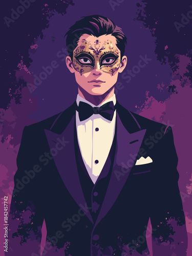 Man wearing an elegant Venetian mask and tuxedo, shadows hiding his identity, mysterious and luxurious atmosphere, dark velvet background