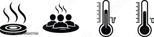 Set of sauna temperature icons with hot tub and thermometer in vector