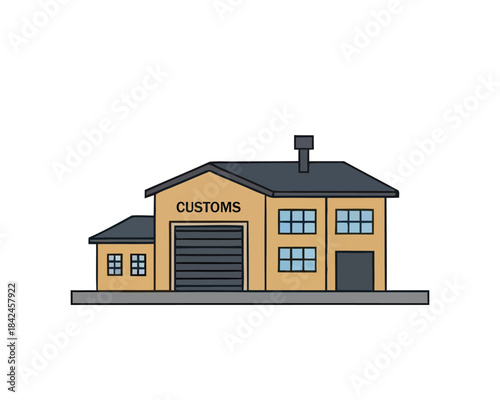 Modern minimalist illustration depicting a customs facility, ideal for global logistics, shipping, and border security concepts, showcasing a secure administrative structure