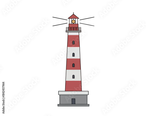 A Tall, Red and White Striped Lighthouse Standing Against a White Background, Emitting Light