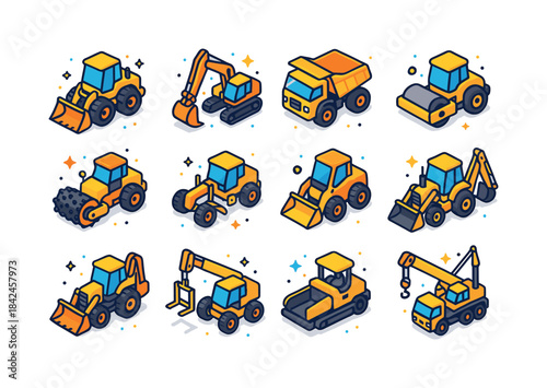 Colorful Construction Icons. Heavy equipment. Colorful isometric