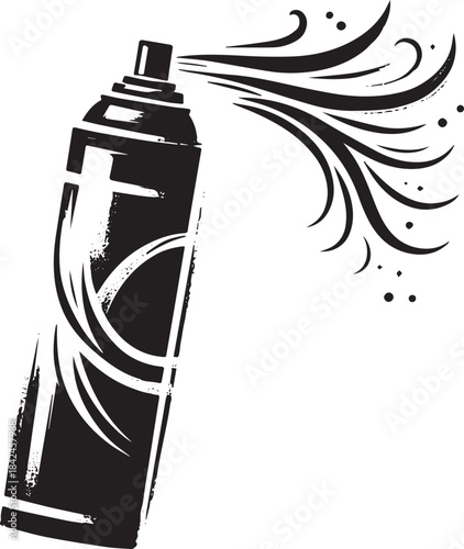 Monochrome graphic depiction of spray paint can releasing swirli