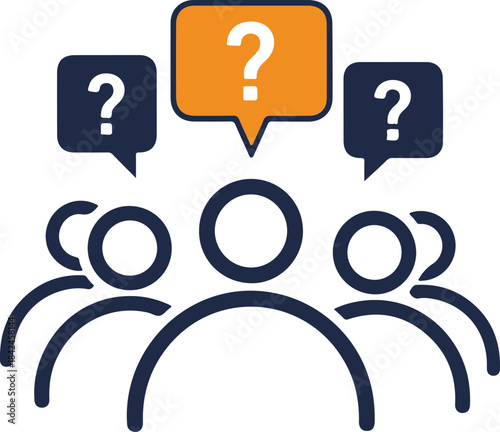 People with question marks in speech bubbles asking questions illustration