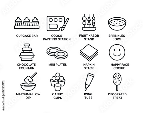 Edible Crafts Icon Set. Edible party crafts. Line icon set of ed