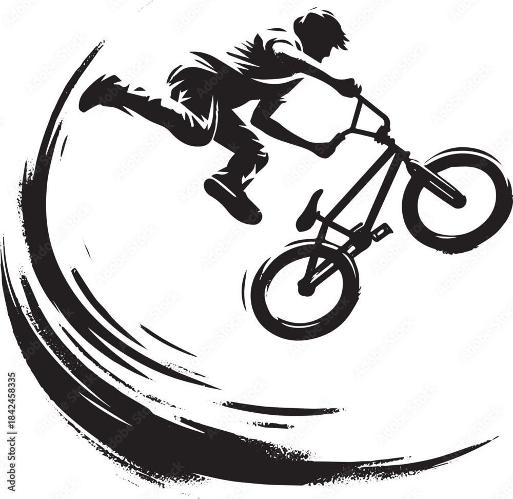Fototapeta premium Dynamic BMX Rider in Mid-Air Stunt - Artistic Ink Illustration o