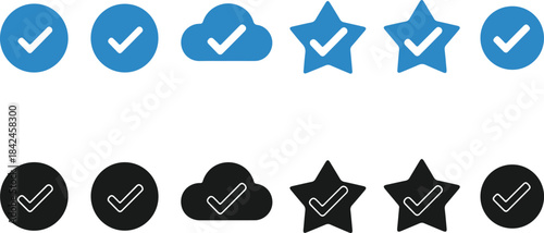 Set of verified check mark icons in blue and black colors collection