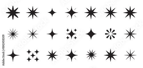 Assortment of sparkle and star icons with various points and forms for decorative purposes