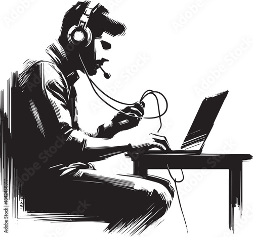 Monochromatic Illustration of Man with Headset Connecting to Lap