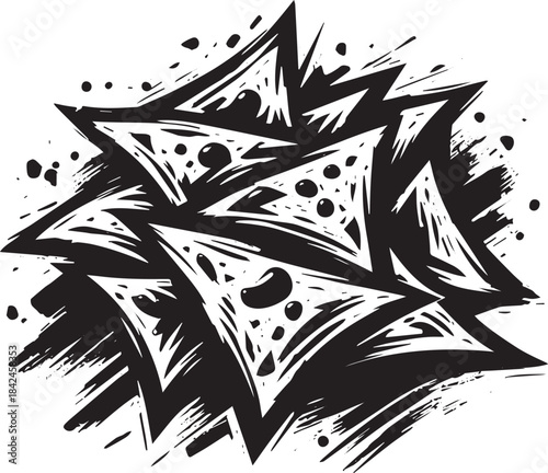 Stylized monochrome nachos illustration with textured ink brush