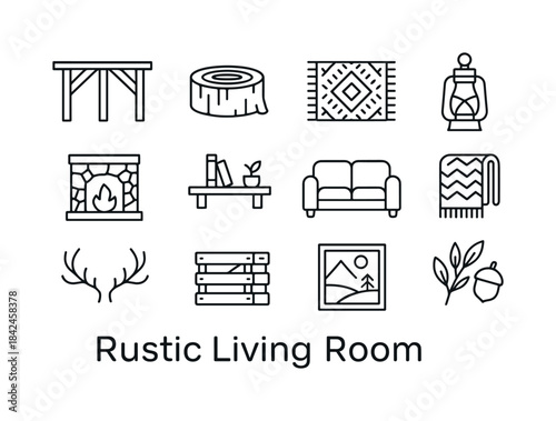 Rustic Living Room Icons. Rustic Living Room. Line icon set of R