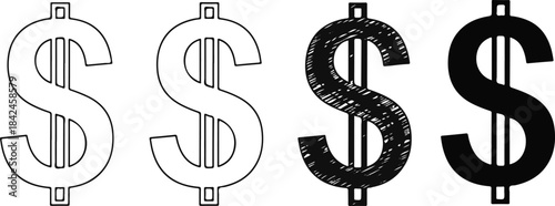 Dollar sign symbol in four different styles, outline and solid