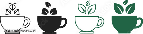 Set of black and green tea cup with leaves icons on transparent background