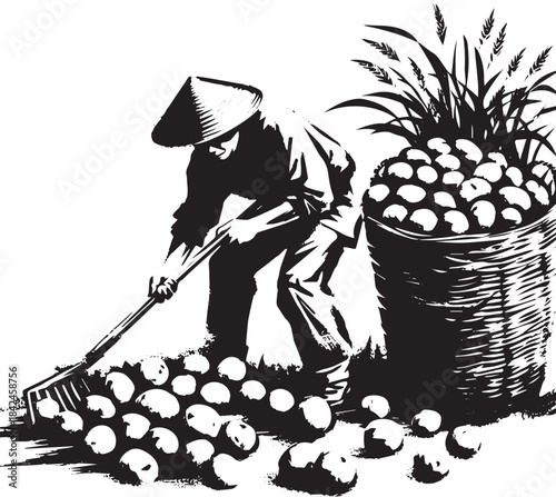 Sumi-e style illustration of a farmer harvesting potatoes in rur