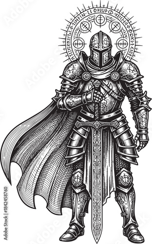 Engraved Illustration of a Knight in Shining Armor with a Mystic