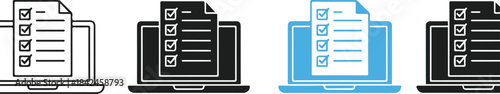 Set of black and blue online checklist survey icons on transparent background