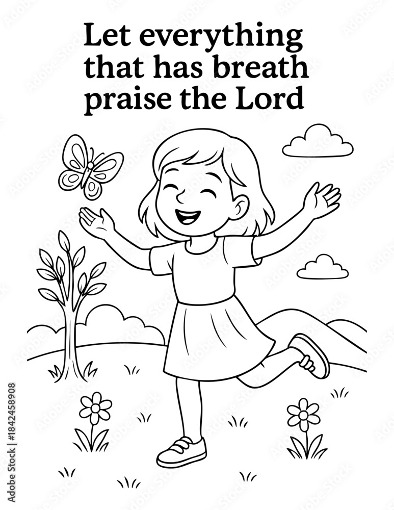 Obraz premium christian coloring page vector illustration with joyful girl praising the lord let everything that has breath praise the lord faith based kids bible activity spring religious line art