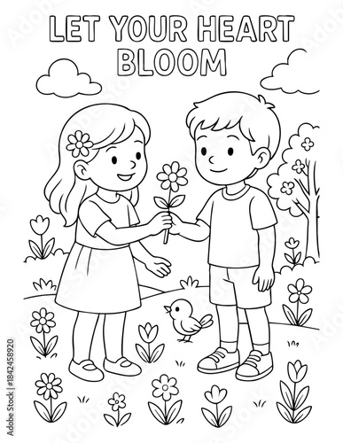 christian coloring page illustration of two kids sharing a flower with let your heart bloom message faith based line art for children bible lessons sunday school activities homeschool worksheets