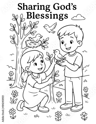 christian kids coloring page vector illustration with children sharing god’s blessings and birds for church lessons sunday school homeschool faith worksheets