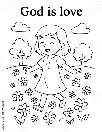 christian coloring page illustration showing a joyful girl with a cross on her dress walking in a field of flowers ideal for kids bible learning sunday school lessons church activities
