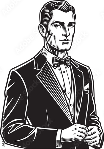 Monochrome drawing of a stylish man in a tuxedo with bow tie ill