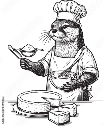 Otter Chef Baking Cheesecake: Vintage Engraving Illustration for