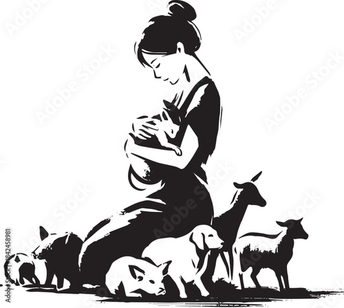 Sumi-e illustration showing compassion for animals in a minimali