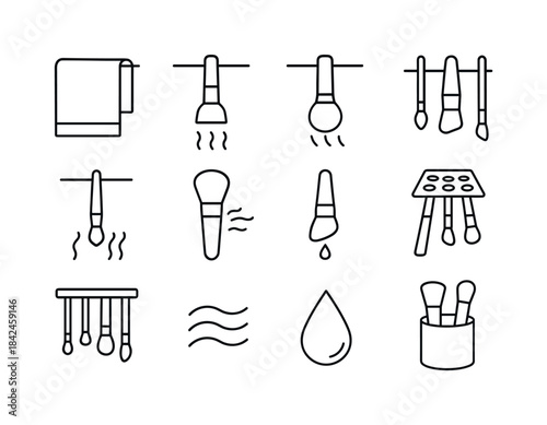 Makeup Brushes Icons. Makeup brushes drying. Line icon set of ma