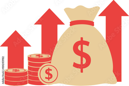 Money bag with dollar sign and coins with arrows pointing up